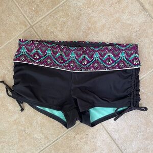 Athleta Patterned Scrunch Swim Shorts  - Black and Teal